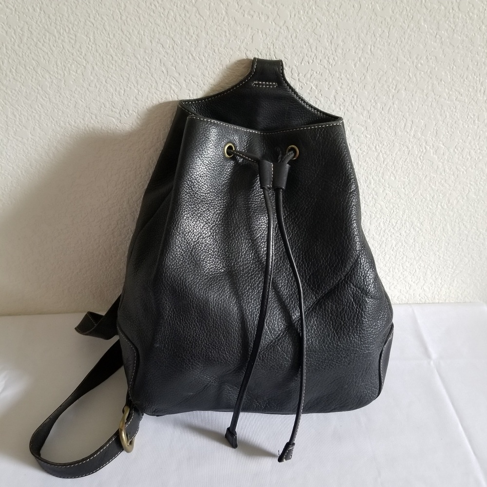 Vintage Fossil Black Leather Drawstring Backpack
